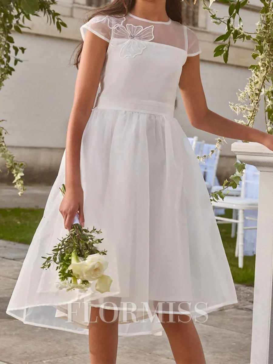 A-line Scoop Short Sleeves Bowknot Knee-Length Organza Flower Girl Dress