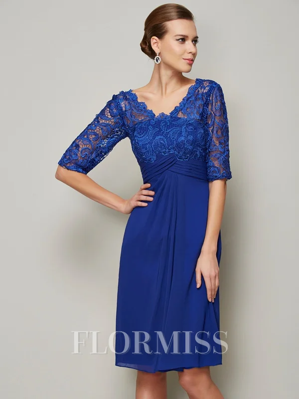 Sheath/Column V-neck Knee-Length Chiffon Mother of the Bride Dresses With Lace