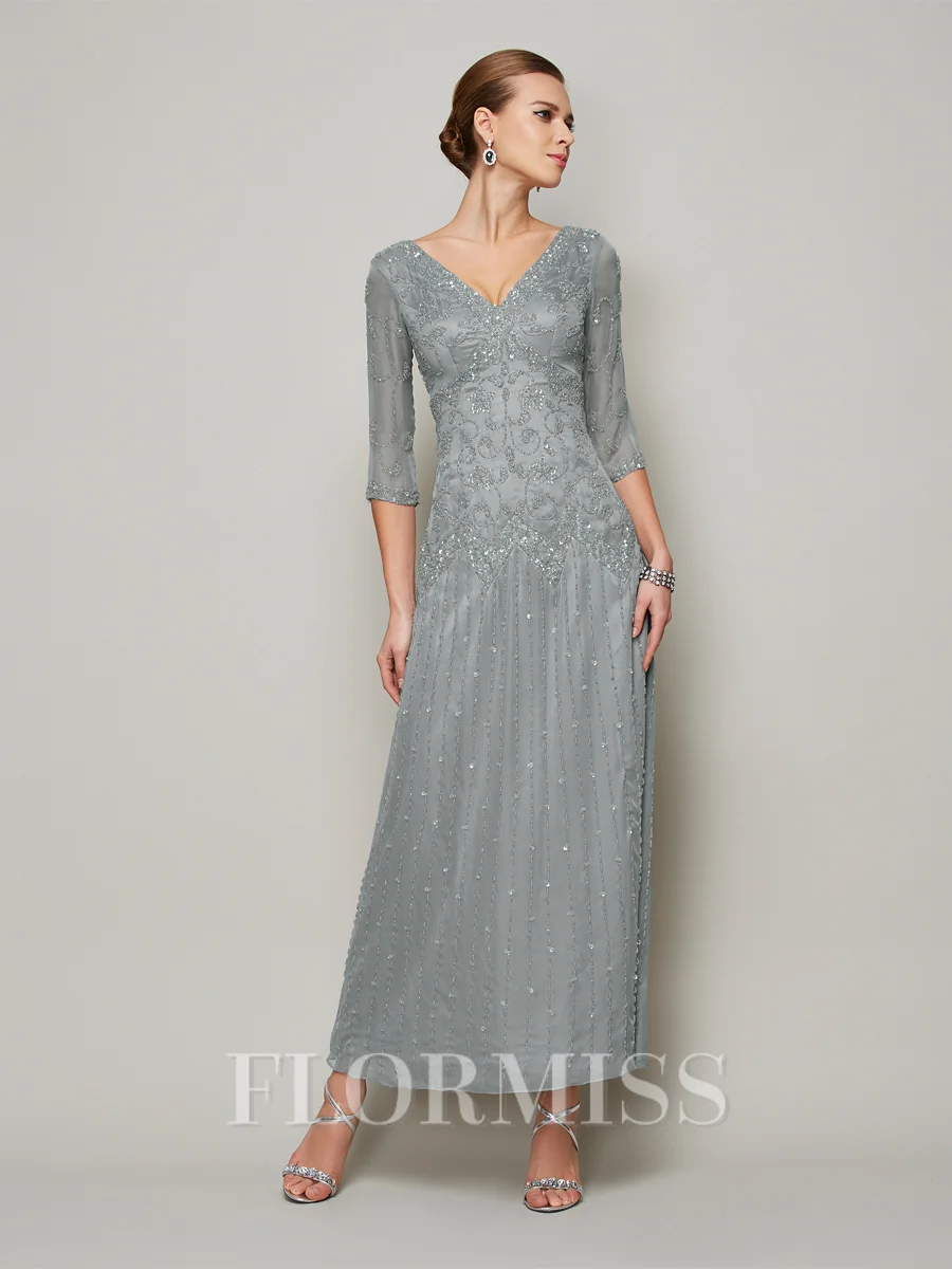 Sheath/Column V-neck Ankle-Length 30D Chiffon Mother of the Bride Dresses With Beading