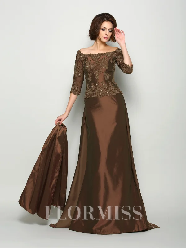 A-Line/Princess Off-the-Shoulder Sweep Train Taffeta Mother of the Bride Dresses With Beading