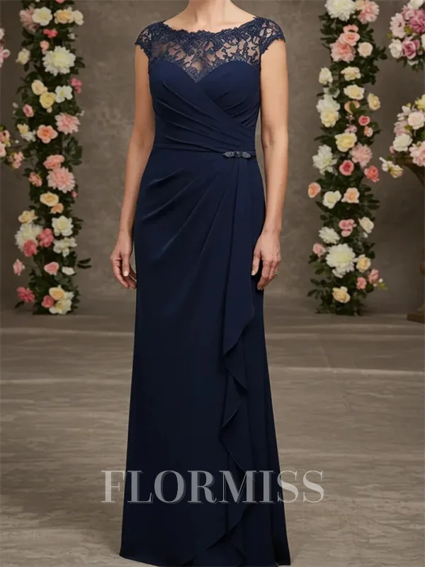 Sheath Scoop Short Sleeves Appliques Lace Floor-Length Stretch Crepe Mother of the Bride Dress