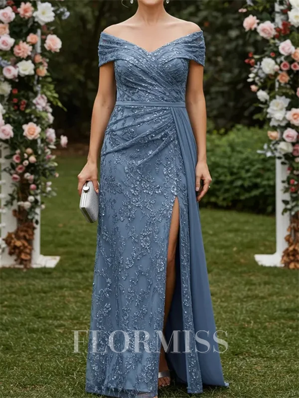 Sheath Off-the-Shoulder Pleated Floor-Length Lace Corset Mother of the Bride Dress