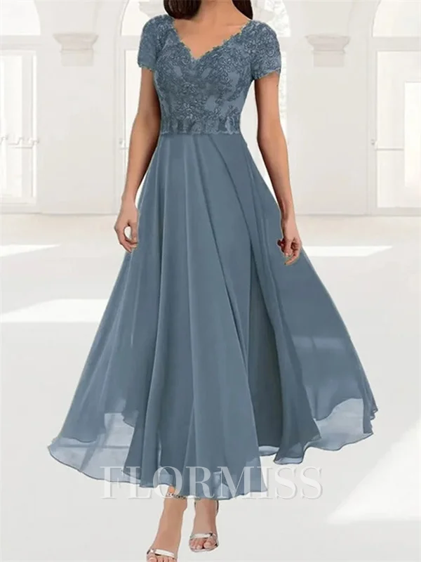 A-line V-neck Short Sleeves Appliques Lace Ankle-Length Chiffon Corset Mother of the Bride Dress