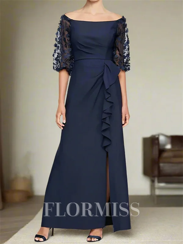 Sheath Bateau 1/2 Sleeves Ruffles Ankle-Length Charmeuse Corset Mother of the Bride Dress