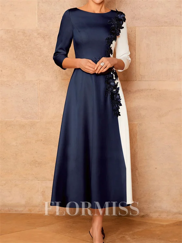 A-line Scoop 3/4 Sleeves Appliques Lace Tea-Length Satin Corset Mother of the Bride Dress