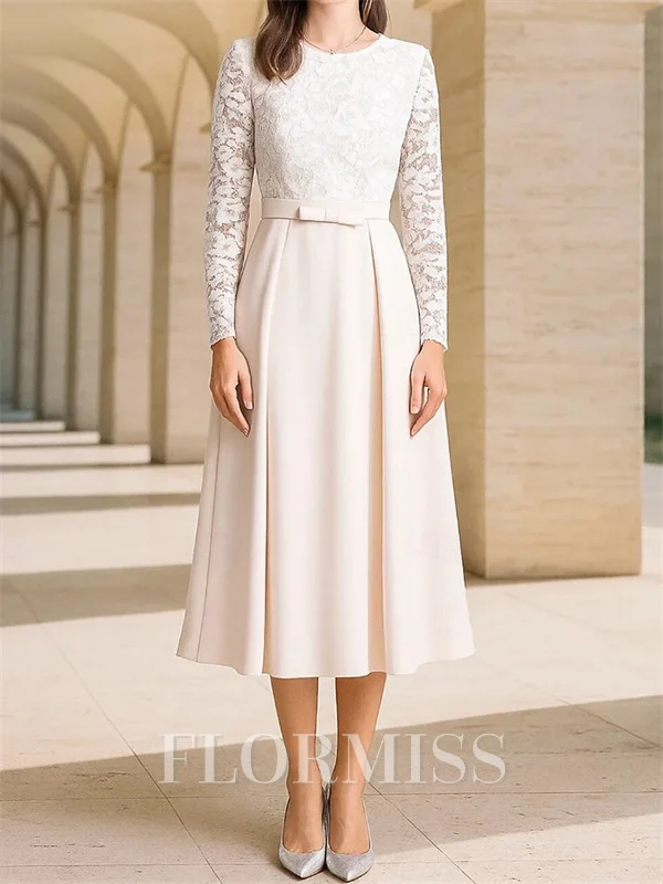 A-line Scoop Long Sleeves Ruffles Tea-Length Stretch Crepe Mother of the Bride Dress