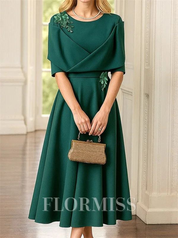 A-line Scoop 1/2 Sleeves Ruffles Tea-Length Mother of the Bride Dress