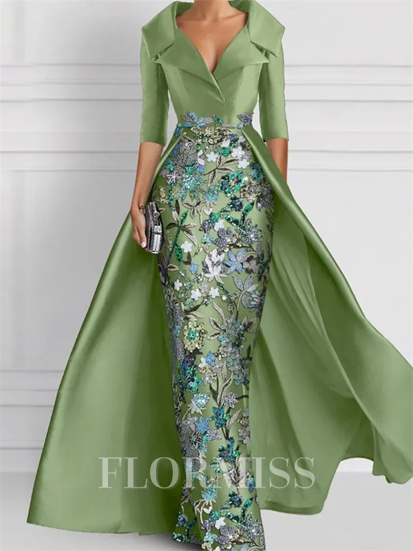 Sheath V-neck 1/2 Sleeves Appliques Lace Floor-Length Satin Corset Mother of the Bride Dress