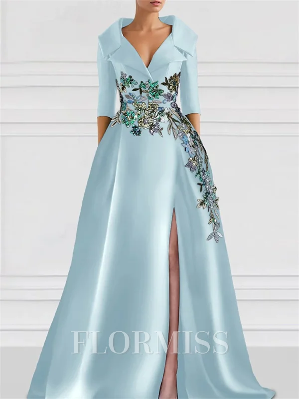 A-line V-neck 1/2 Sleeves Appliques Lace Floor-Length Satin Corset Mother of the Bride Dress
