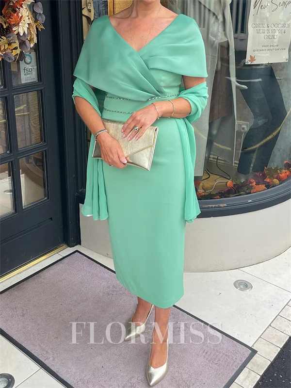 Sheath V-neck Short Sleeves Pleated Ankle-Length Corset Mother of the Bride Dress