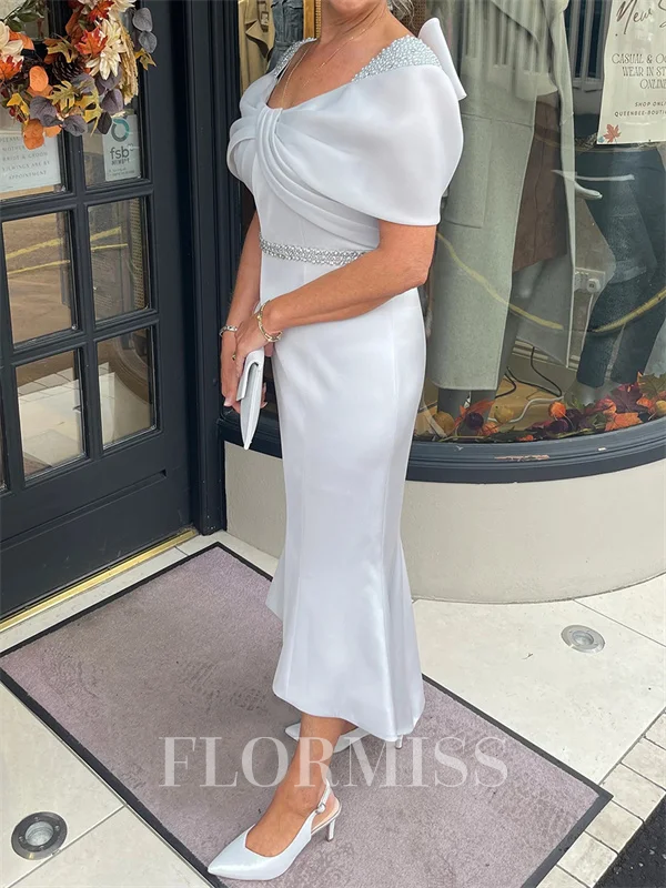 Sheath Scoop Short Sleeves Bow Asymmetrical Corset Mother of the Bride Dress