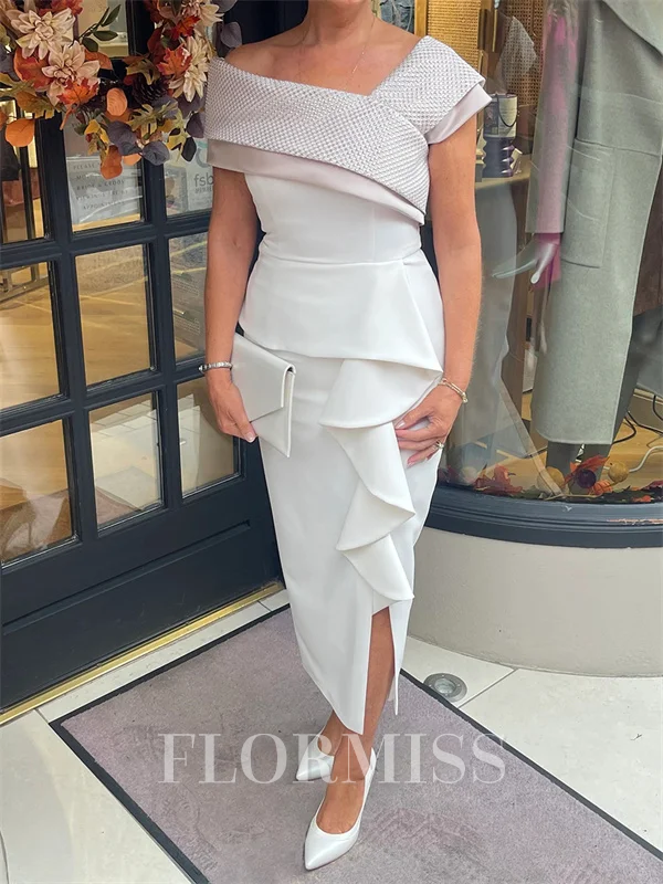 Sheath One-Shoulder Ruffles Tea-Length Satin Corset Mother of the Bride Dress