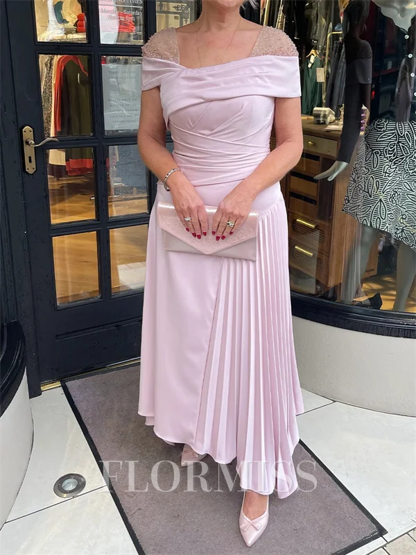 A-line Square Short Sleeves Ruffles Ankle-Length Satin Chiffon Corset Mother of the Bride Dress