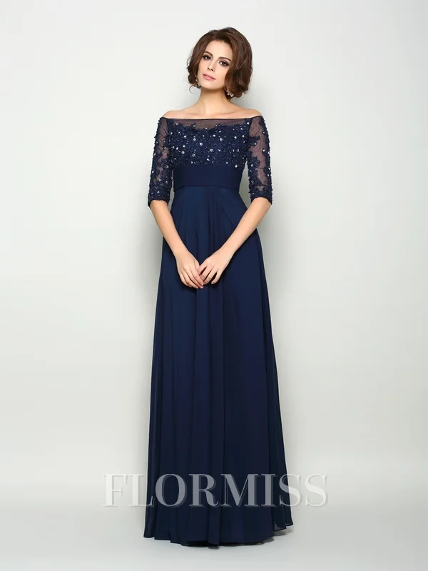 A-Line/Princess Off-the-Shoulder Floor-Length Chiffon Mother of the Bride Dresses With Beading