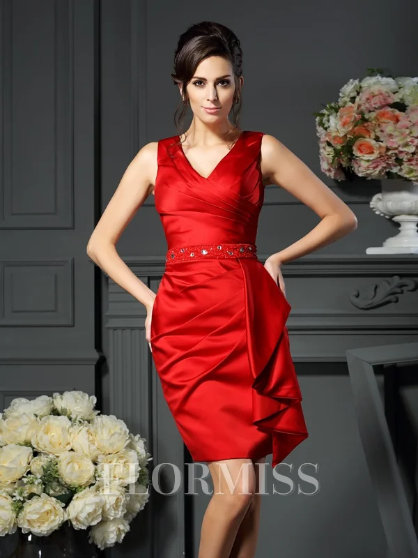 Sheath/Column V-neck Knee-Length Satin Mother of the Bride Dresses With Ruffles