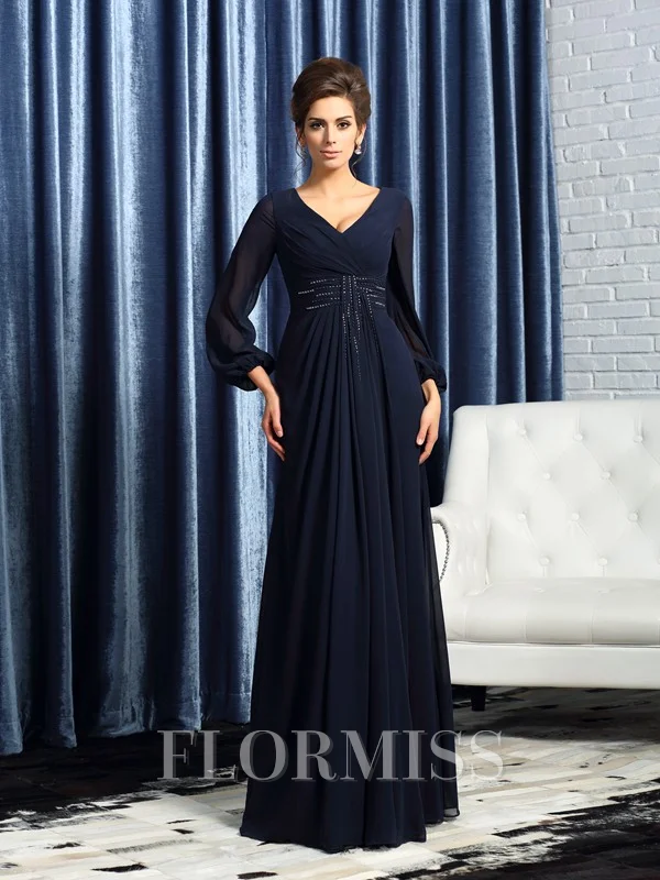 A-Line/Princess V-neck Floor-Length Chiffon Mother of the Bride Dresses With Beading