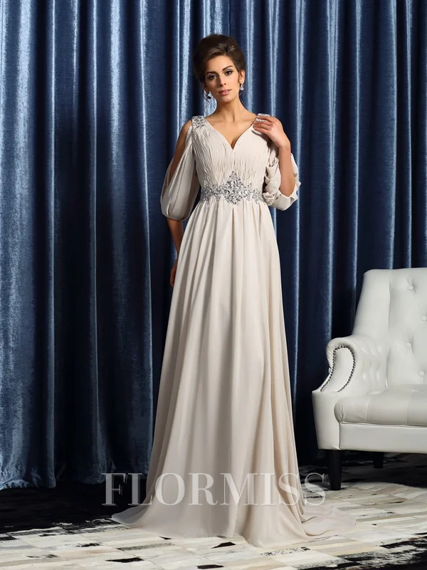 A-Line/Princess V-neck Court Train Chiffon Mother of the Bride Dresses With Beading