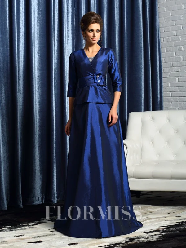 A-Line/Princess V-neck Floor-Length Taffeta Mother of the Bride Dresses With Beading