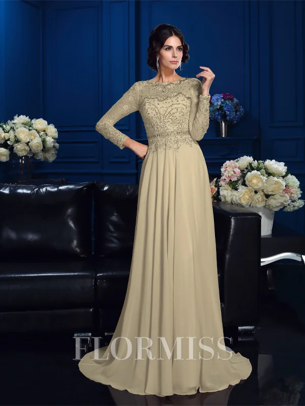 A-Line/Princess Scoop Sweep Train Chiffon Mother of the Bride Dresses With Beading
