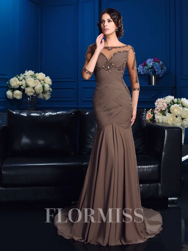 Sheath/Column Scoop Court Train Chiffon Mother of the Bride Dresses With Beading