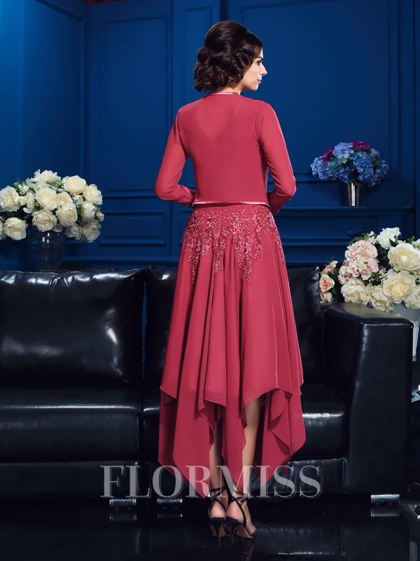 A-Line/Princess V-neck Asymmetrical Chiffon Mother of the Bride Dresses With Appliques Lace