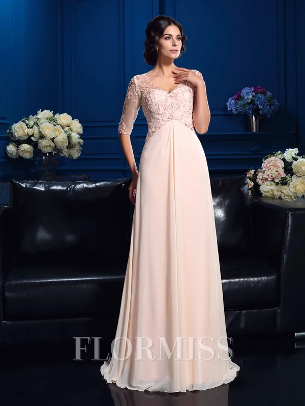 A-Line/Princess V-neck Floor-Length Chiffon Mother of the Bride Dresses With Beading