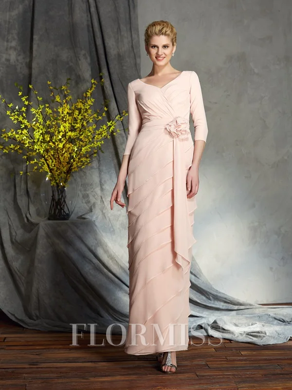 Sheath/Column V-neck Floor-Length Chiffon Mother of the Bride Dresses With Flower