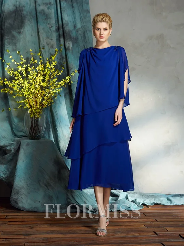 A-Line/Princess Bateau Tea-Length Chiffon Mother of the Bride Dresses With Appliques Lace