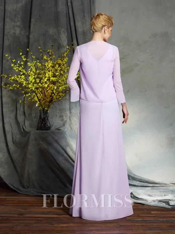 Sheath/Column V-neck Floor-Length Chiffon Mother of the Bride Dresses With Appliques Lace