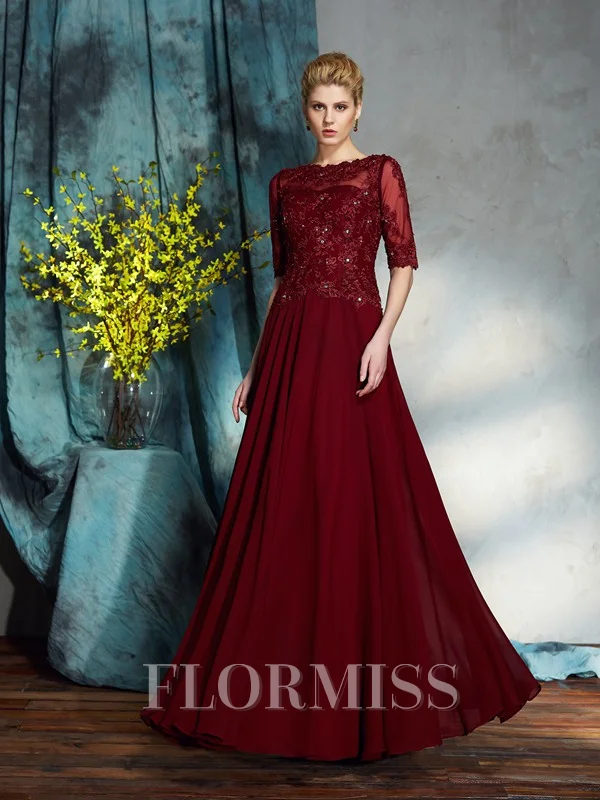 A-Line/Princess Bateau Floor-Length Chiffon Mother of the Bride Dresses With Appliques Lace