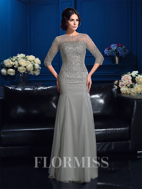 Sheath/Column Scoop Floor-Length Net Mother of the Bride Dresses With Beading