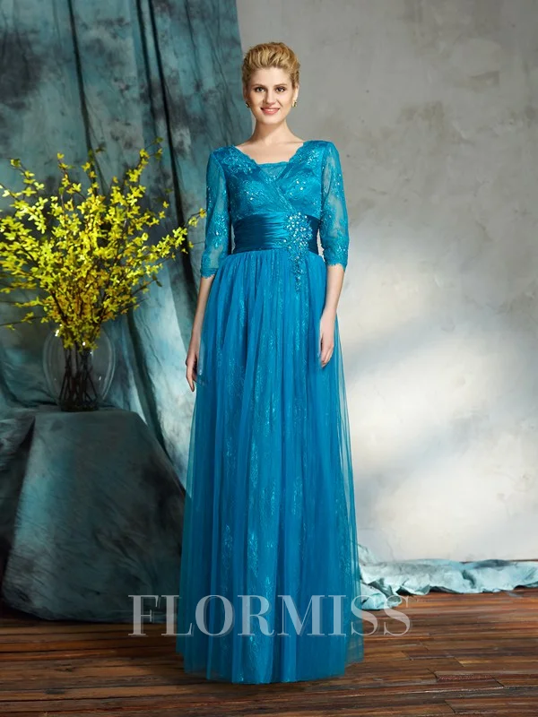 A-Line/Princess V-neck Floor-Length Net Mother of the Bride Dresses With Belt/Sash