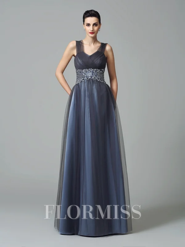 A-Line/Princess Straps Floor-Length Net Mother of the Bride Dresses With Pockets