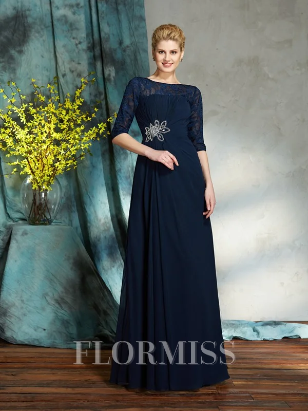 A-Line/Princess Bateau Floor-Length Chiffon Mother of the Bride Dresses With Beading