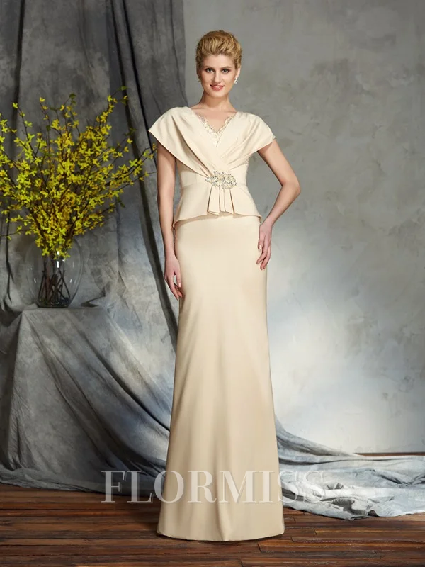 Sheath/Column V-neck Floor-Length Silk like Satin Mother of the Bride Dresses With Beading