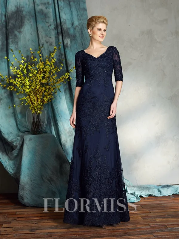 Sheath/Column V-neck Floor-Length Satin Mother of the Bride Dresses With Appliques Lace