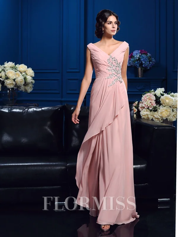 A-Line/Princess V-neck Sweep Train Chiffon Mother of the Bride Dresses With Beading