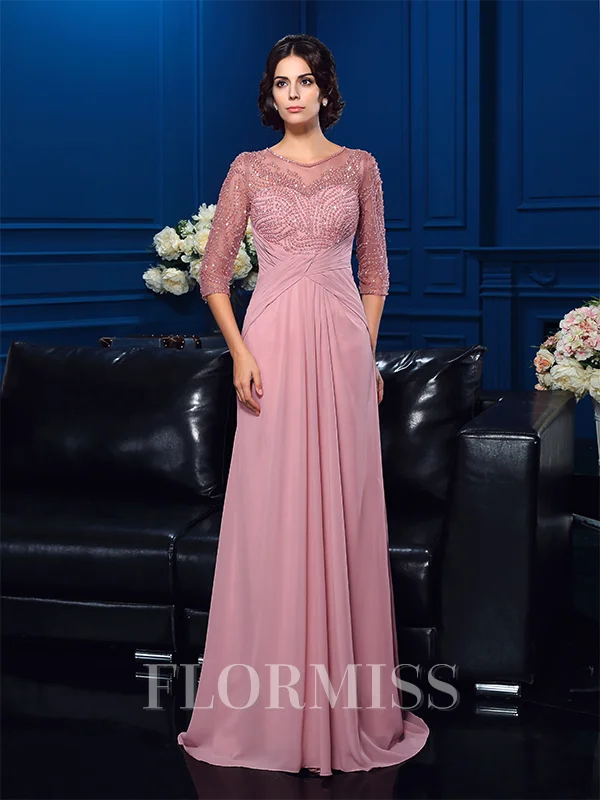 A-Line/Princess Scoop Sweep Train Chiffon Mother of the Bride Dresses With Beading