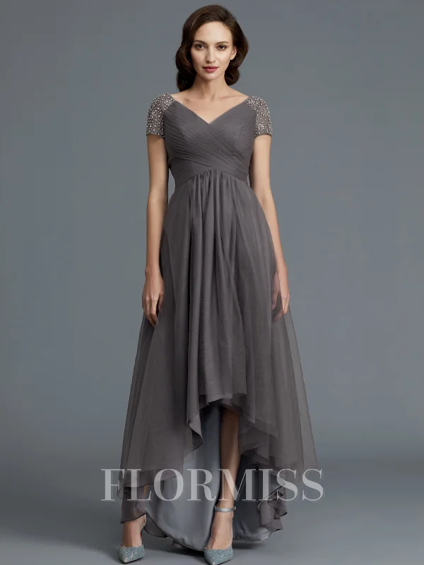 A-Line/Princess V-neck Asymmetrical Tulle Mother of the Bride Dresses