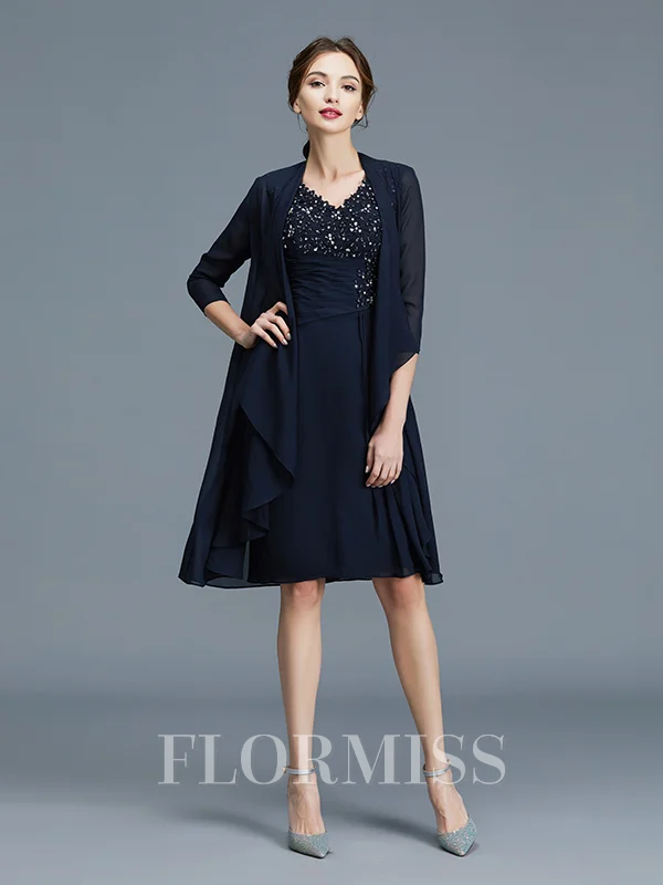 Sheath/Column V-neck Knee-Length Chiffon Mother of the Bride Dresses With Ruffles