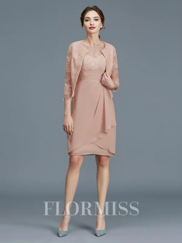 Sheath/Column Sheer Neck Knee-Length Chiffon Mother of the Bride Dresses With Ruffles