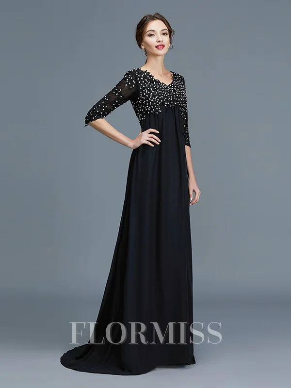 A-Line/Princess V-neck Floor-Length Chiffon Mother of the Bride Dresses With Beading
