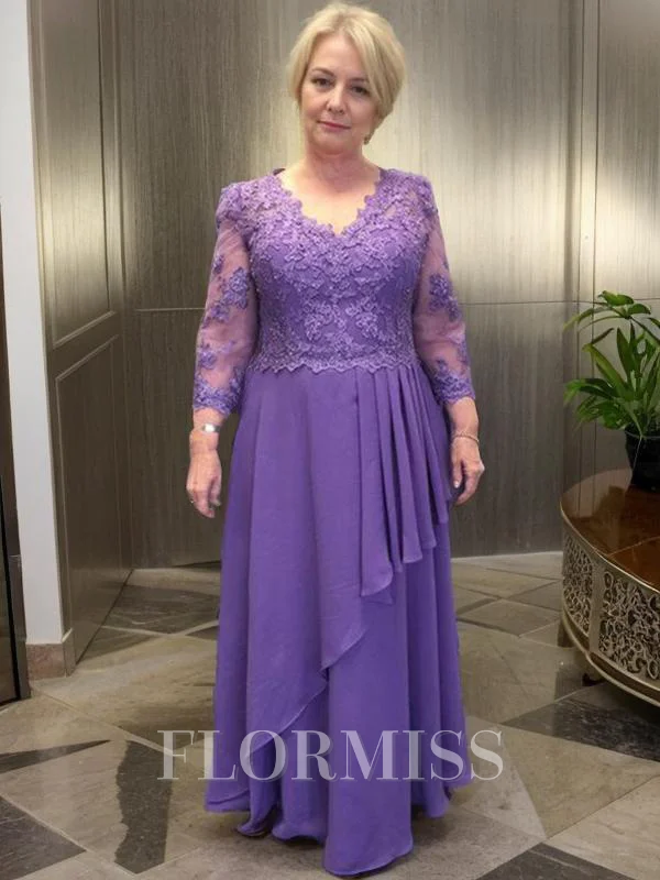 A-Line/Princess V-neck Floor-Length Chiffon Mother of the Bride Dresses With Appliques Lace