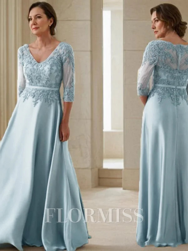 A-Line/Princess V-neck Floor-Length Satin Mother of the Bride Dresses With Appliques Lace