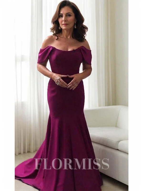 Trumpet/Mermaid Off-the-Shoulder Sweep Train Silk Like Satin Mother of the Bride Dresses With Ruffles