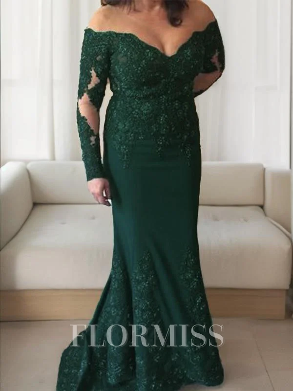 Sheath/Column Off-the-Shoulder Sweep Train Stretch Crepe Mother of the Bride Dresses With Appliques Lace