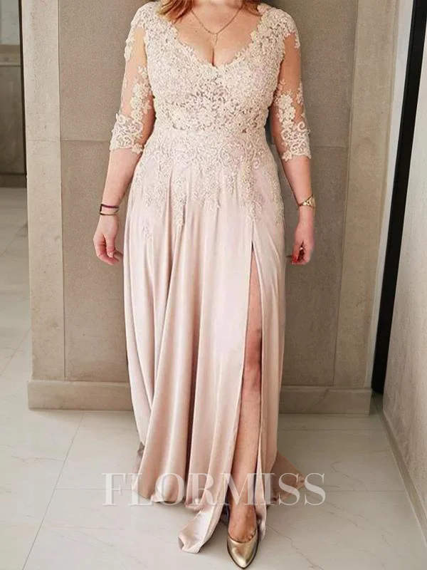 A-Line/Princess V-neck Sweep Train Silk Like Satin Mother of the Bride Dresses With Leg Slit