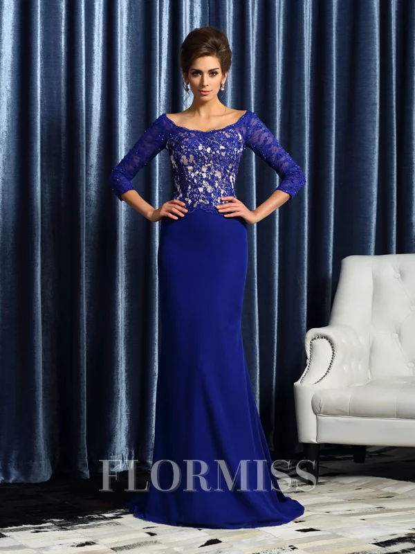 Sheath/Column Scoop Sweep Train Chiffon Mother of the Bride Dresses With Lace