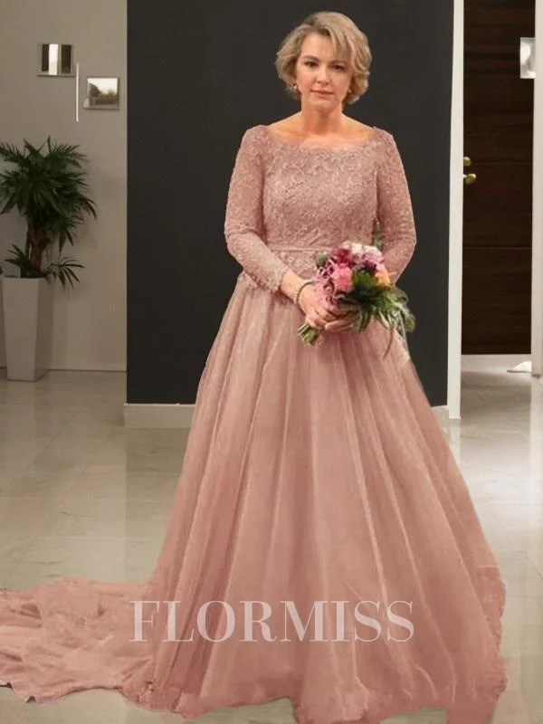 A-Line/Princess Scoop Court Train Tulle Mother of the Bride Dresses With Appliques Lace