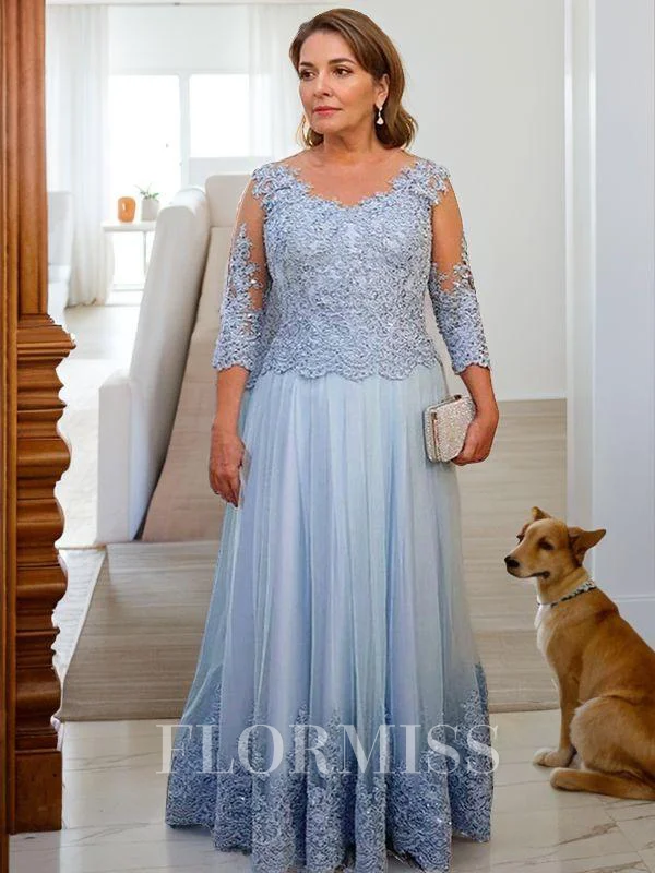 A-Line/Princess Scoop Floor-Length Tulle Mother of the Bride Dresses With Appliques Lace